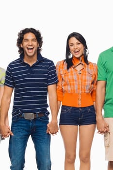 Portrait of a young man and a young woman standing with holding their hands