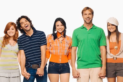 Portrait of two men and three young women standing with holding their hands