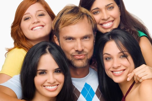 Portrait of a mid adult man posing with four young women