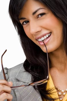 Portrait of a young woman holding a pair of eyeglasses and smiling
