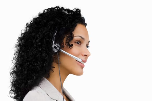 Close-up of a female customer service representative wearing a headset