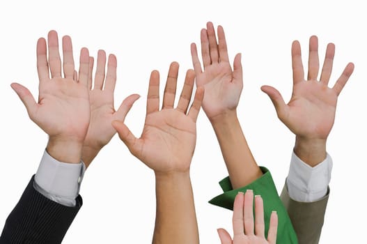 Close-up of business executives raising their hands