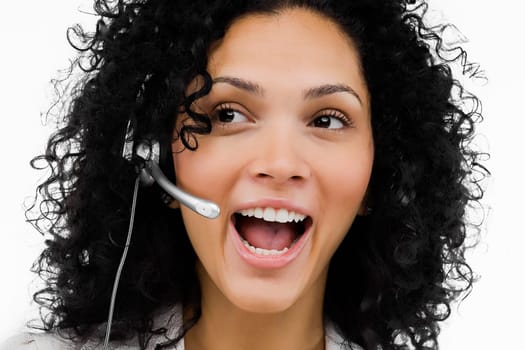 Close-up of a female customer service representative wearing a headset