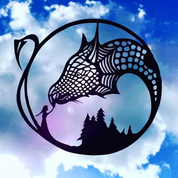 dragon, fantasy, fairy tale, Animal figurines carved from paper in a photo of the sky.