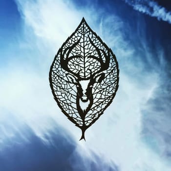 Animal figurines carved from paper in a photo of the sky. The figure of a deer on the background of a leaf from a tree.