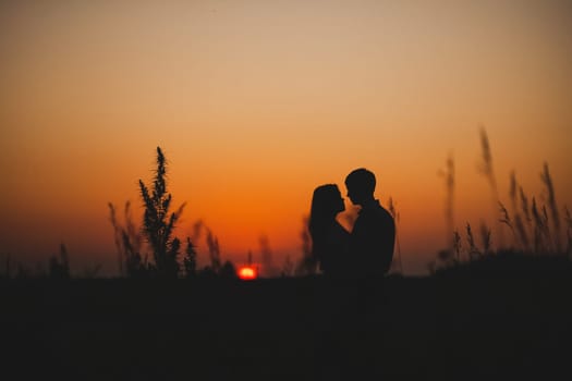 The guy in love with the girl stand in the field against the sunset.