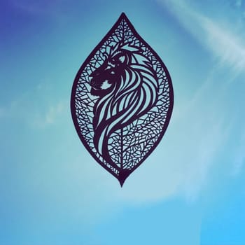 Animal figurines carved from paper in a photo of the sky. Lion head on a background of a leaf of a tree. Paper figurine against the sky.