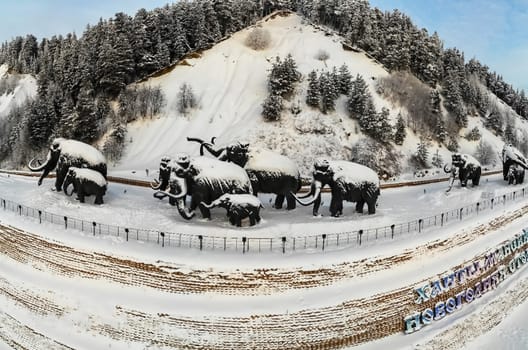 Khanty Mansiysk, Russia -14 January 2018: Memorial complex in Ugra dedicated to the Herd of mammoths.