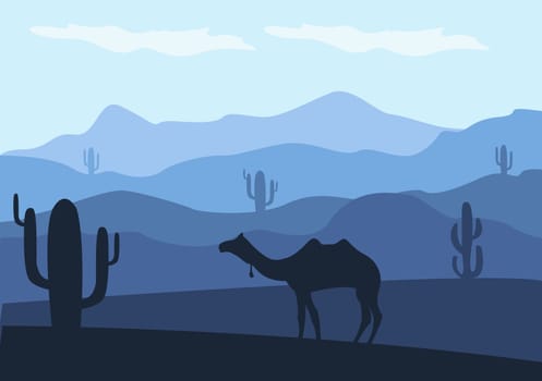 Desert Landscape with Cactus, Hills and Mountains Silhouettes. Vector Nature Horizontal Background Design