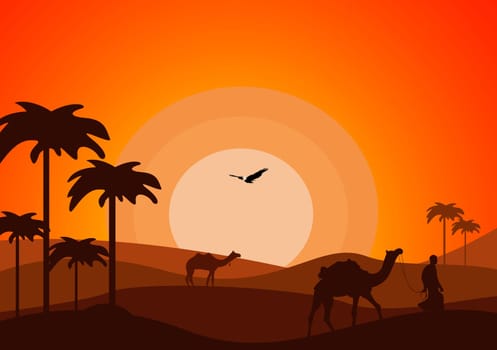 Desert Landscape with Cactus, Hills and Mountains Silhouettes. Vector Nature Horizontal Background Design
