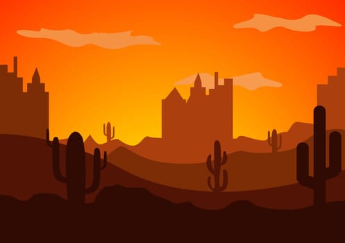 Desert Landscape with Cactus, Hills and Mountains Silhouettes. Vector Nature Horizontal Background Design