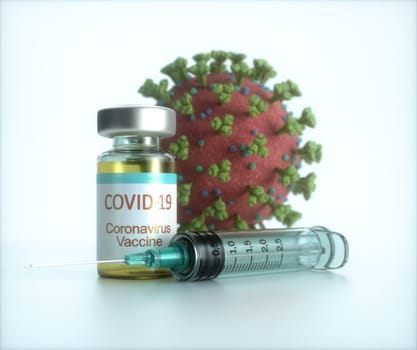 Conceptual image for the discovery of a vaccine for the Covid-19, Coronavirus, 2019-nCoV, SARS-CoV-2. 3D illustration.