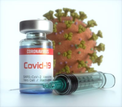 Conceptual image for the discovery of a vaccine for the Covid-19, Coronavirus, 2019-nCoV, SARS-CoV-2. 3D illustration.