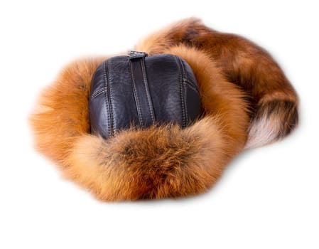 The men's Fox fur winter hat isolated on white