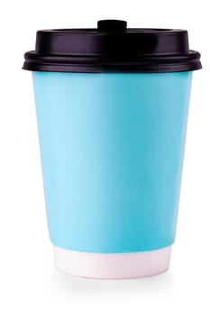 The Blue Paper Cup With Black Lid Isolated on White Background.