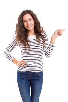 Young beautiful woman presenting your product, isolated over white background