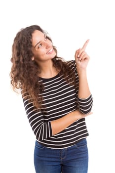 Young beautiful woman presenting your product, isolated over white background