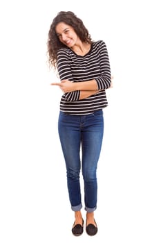 Young beautiful woman presenting your product, isolated over white background