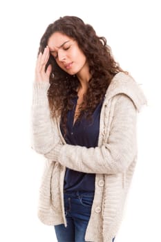 Young woman with an headache, isolated over a white background