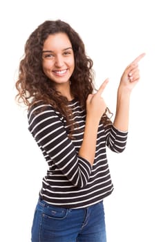 Young beautiful woman presenting your product, isolated over white background
