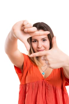 Young woman making framing key gesture - isolated over white