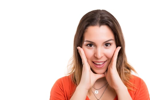 Surprised young woman isolated over white background