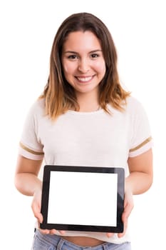 Happy young woman presenting your product in a tablet computer