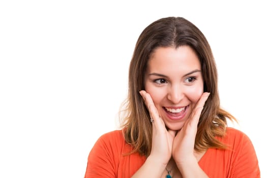 Surprised young woman isolated over white background