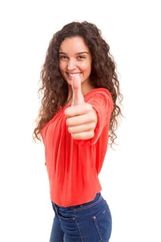 Beautiful young woman signaling ok, isolated over white