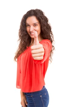 Beautiful young woman signaling ok, isolated over white