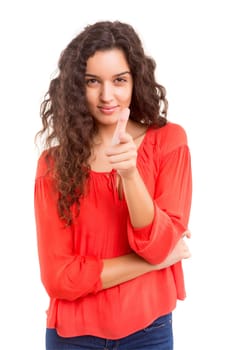 Beautiful young woman signaling ok, isolated over white