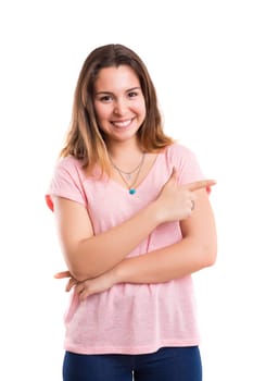 Young beautiful woman presenting your product, isolated over white background