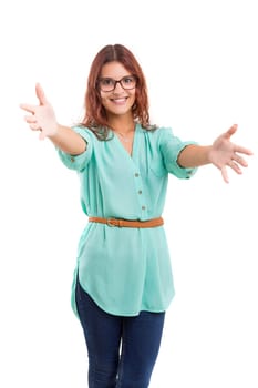 Studio shot of a young woman offering a hug