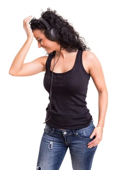 A Happy young woman listening to music