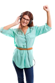 A Happy young woman listening to music