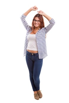 Studio shot: Happy woman with raised arms