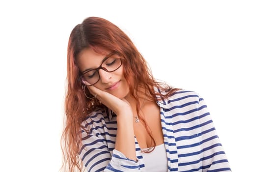 Young woman with an headache, isolated over a white background