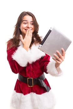 Beautiful young woman dressed with christmas costume, isolated over white