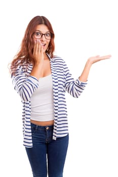 Young beautiful woman presenting your product, isolated over white background