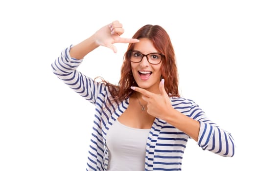 Young woman making framing key gesture - isolated over white