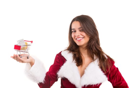 Young woman dress in Christmas costume, presenting your product