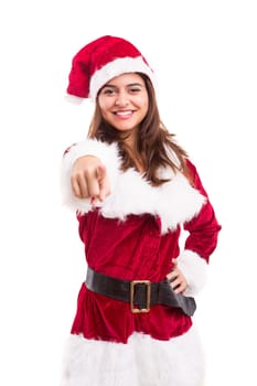 Beautiful young woman dressed with christmas costume, isolated over white