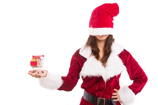 Young woman dress in Christmas costume, presenting your product