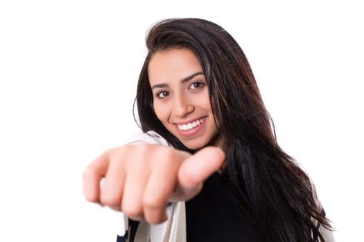 Beautiful young woman signaling ok, isolated over white