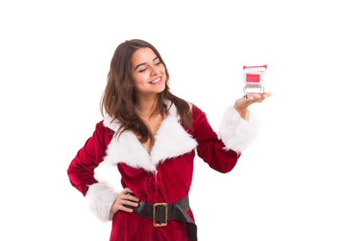 Young woman dress in Christmas costume, presenting your product