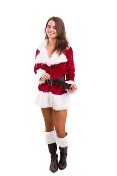 Beautiful young woman dressed with christmas costume, isolated over white