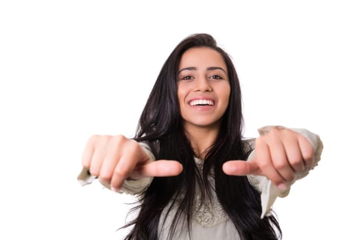 Beautiful young woman signaling ok, isolated over white