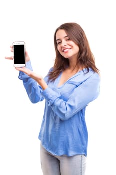 Business woman presenting your product on a last generation smartphone
