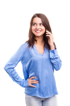 Young beautiful woman at the phone, isolated over a white background