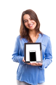 Business woman presenting your product on a last generation smartphone and tablet computer